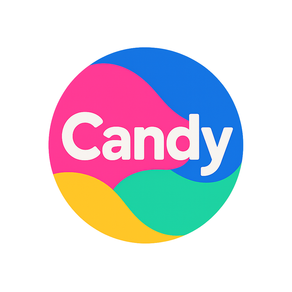 Logo circulaire de la marque de snus CandySnus avec typographie blanche sur fond rose bleu vert et jaune 